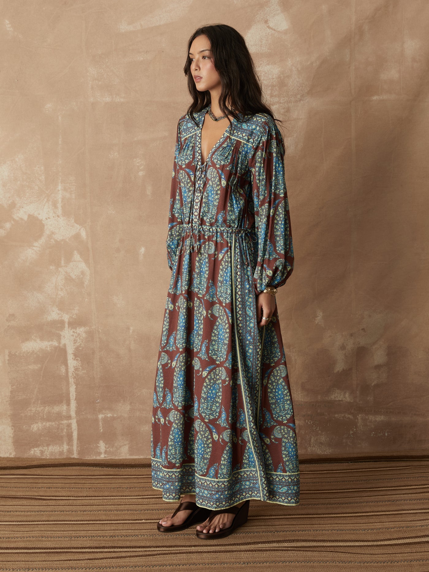 Calico Lace Up Maxi Smock Dress