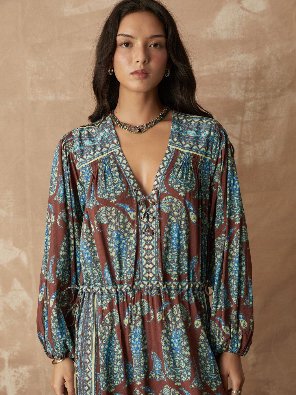 Calico Lace Up Maxi Smock Dress
