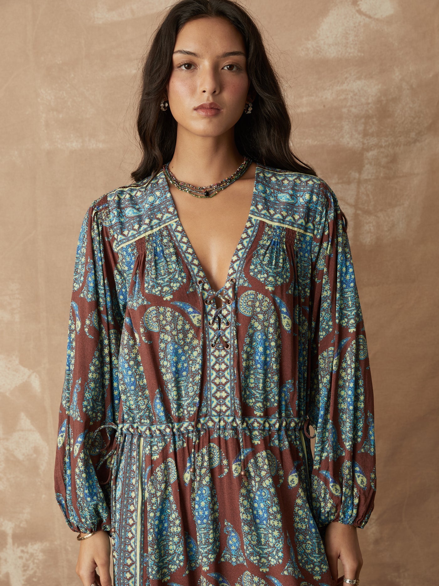 Calico Lace Up Maxi Smock Dress