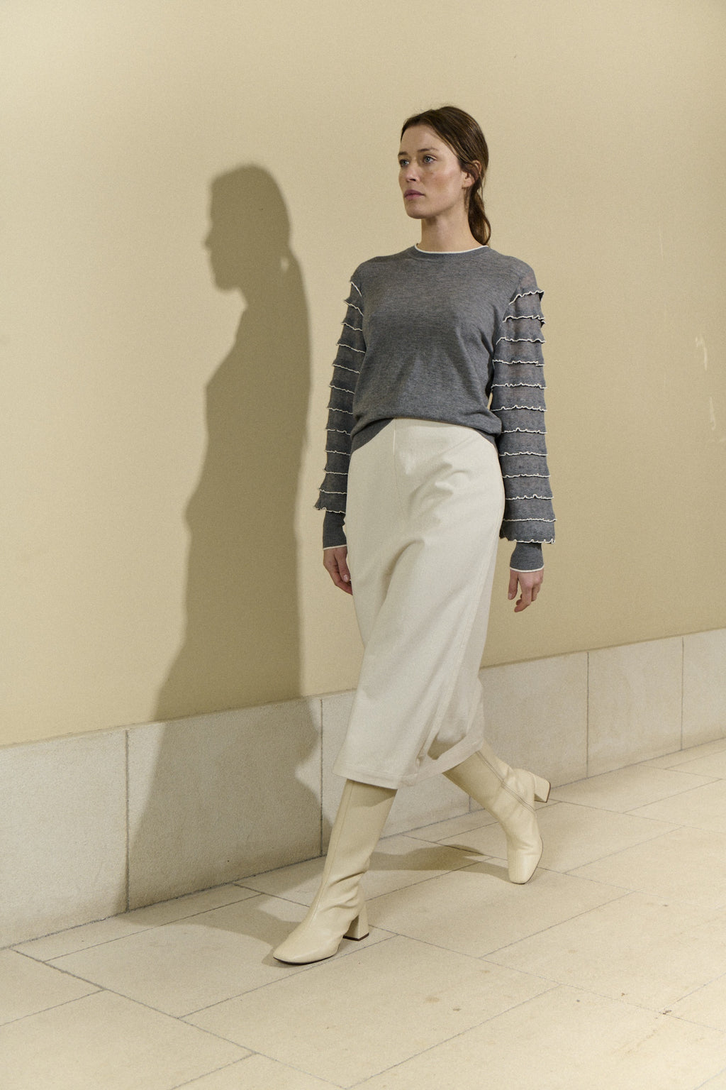 Grey Sweater with Ruffled Sleeve