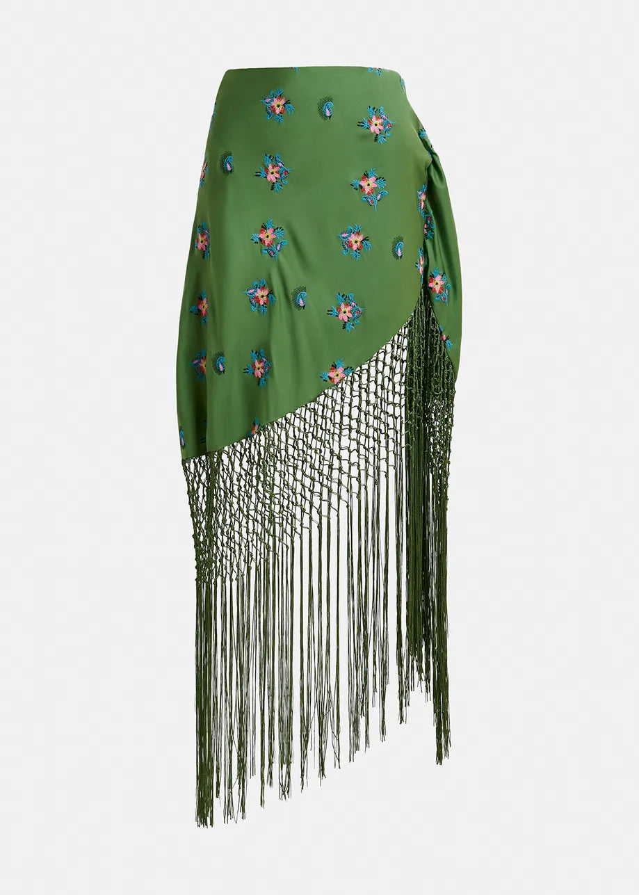 Fioretto Green Embroidered Fringe Skirt
