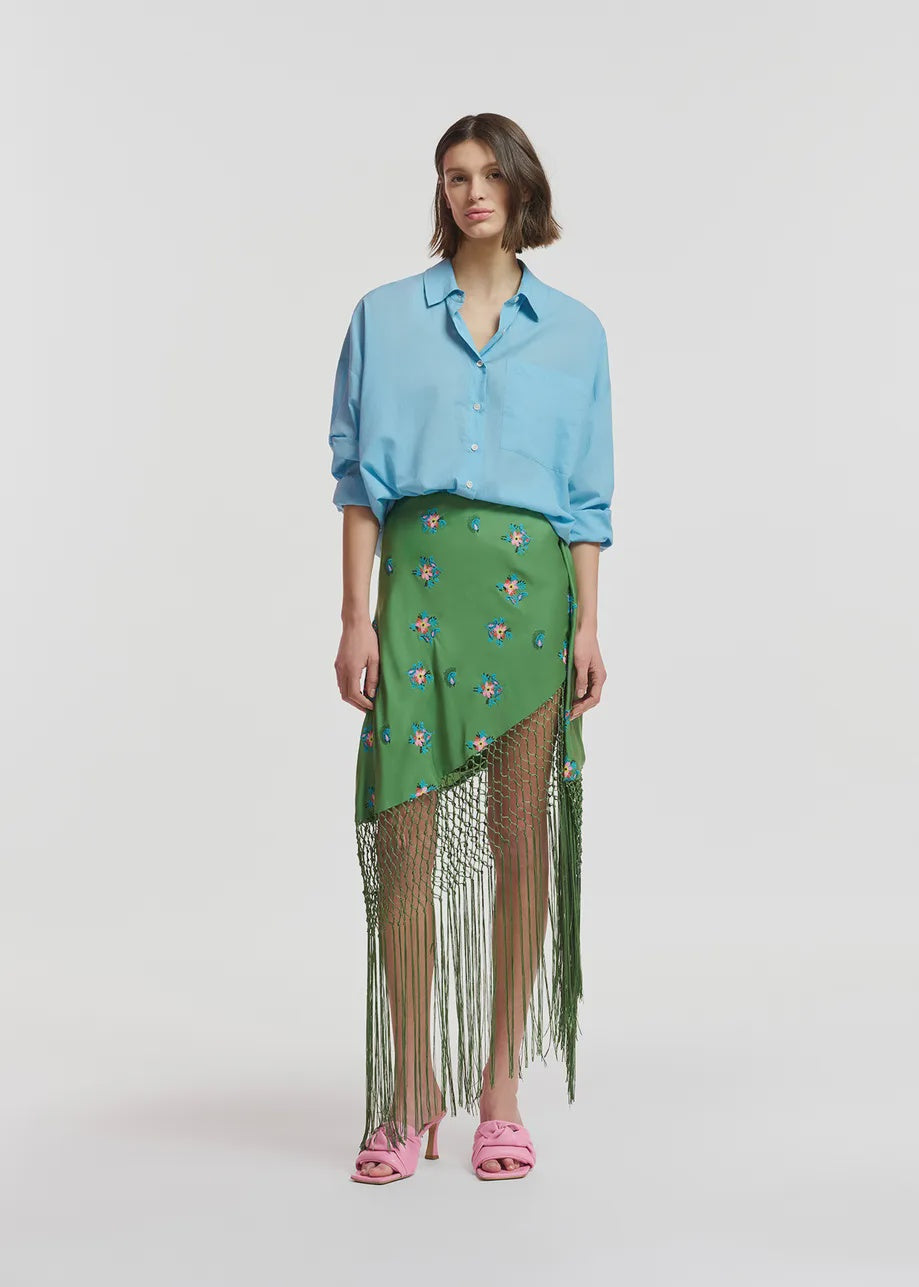 Fioretto Green Embroidered Fringe Skirt