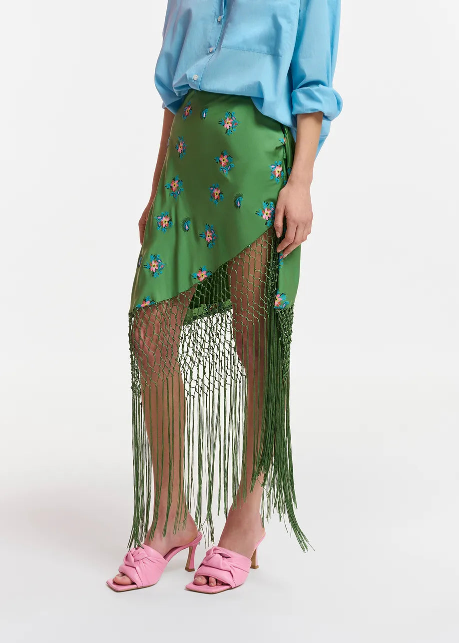 Fioretto Green Embroidered Fringe Skirt