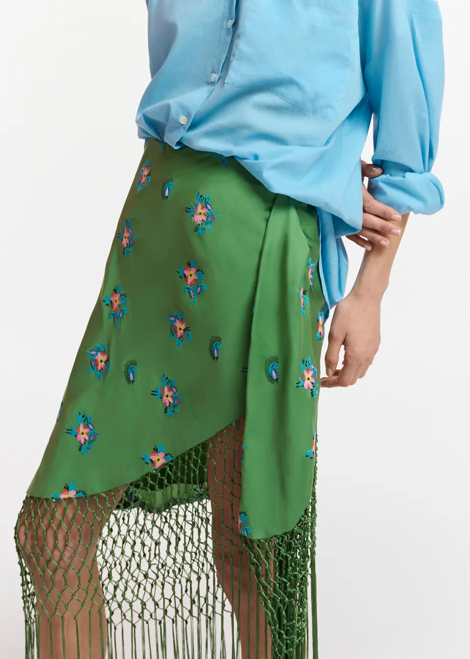 Fioretto Green Embroidered Fringe Skirt