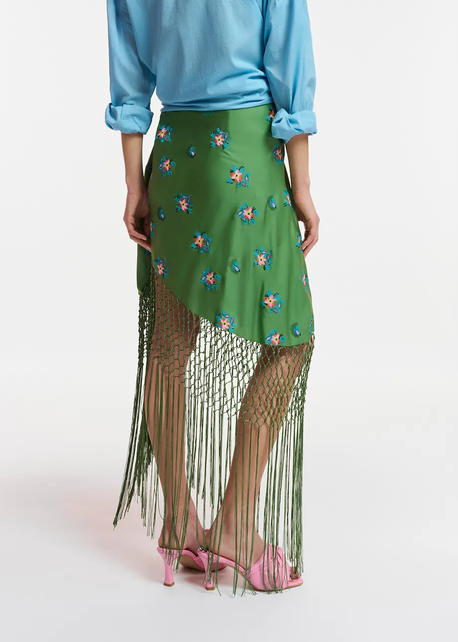 Fioretto Green Embroidered Fringe Skirt