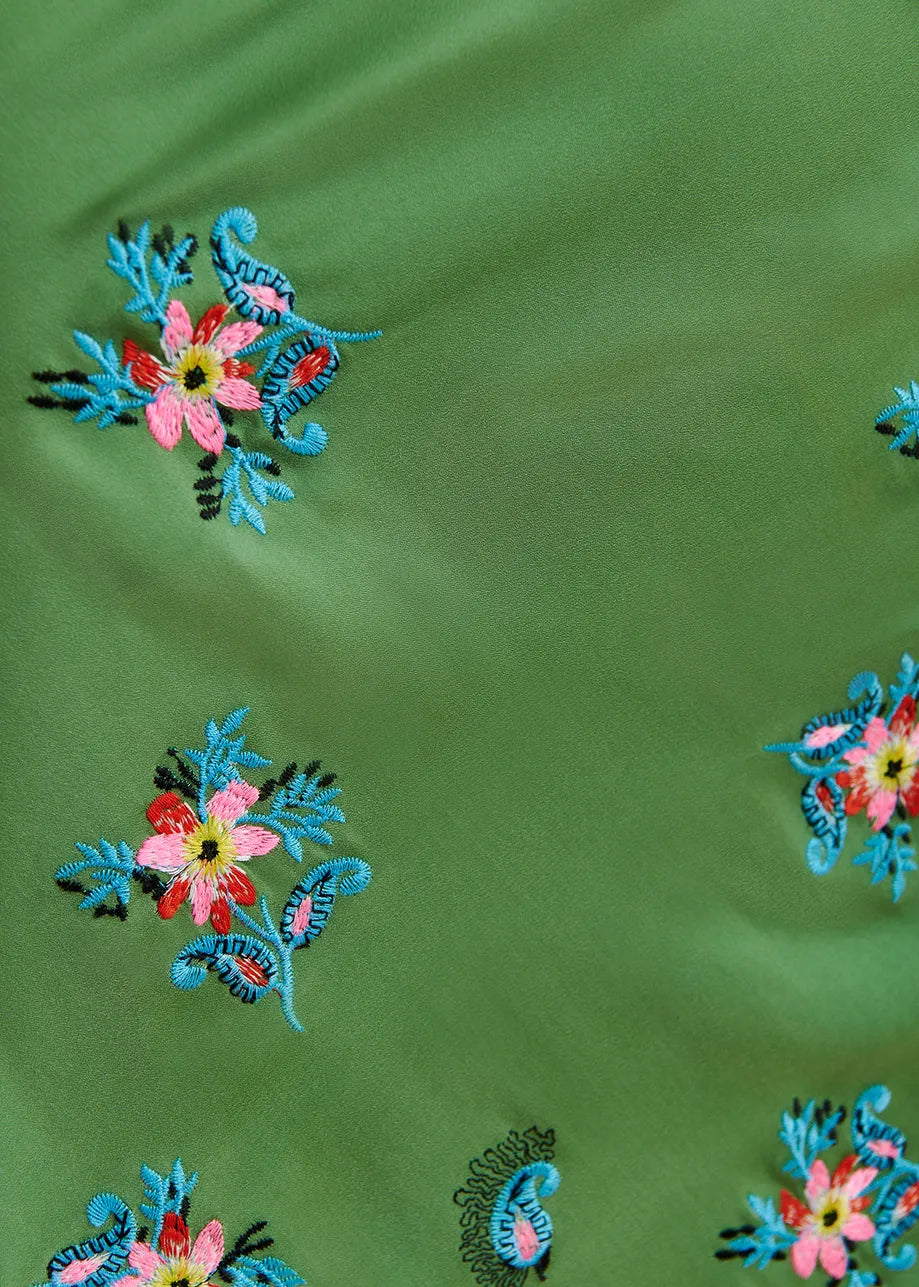 Fioretto Green Embroidered Fringe Skirt