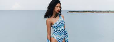 One Shoulder Swimsuit Blue Chevron