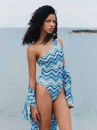 One Shoulder Swimsuit Blue Chevron