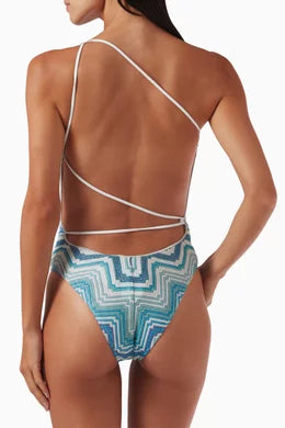 One Shoulder Swimsuit Blue Chevron