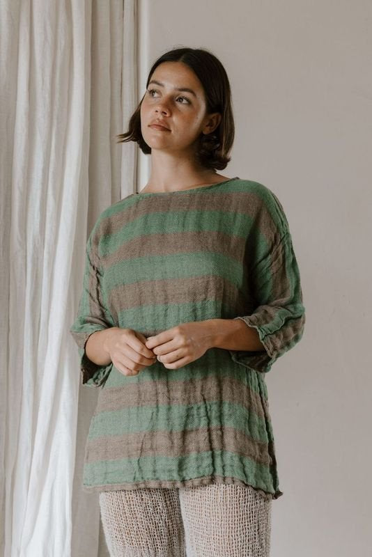 Positano Top with 3/4 Sleeve - Earth Cactus Stripe