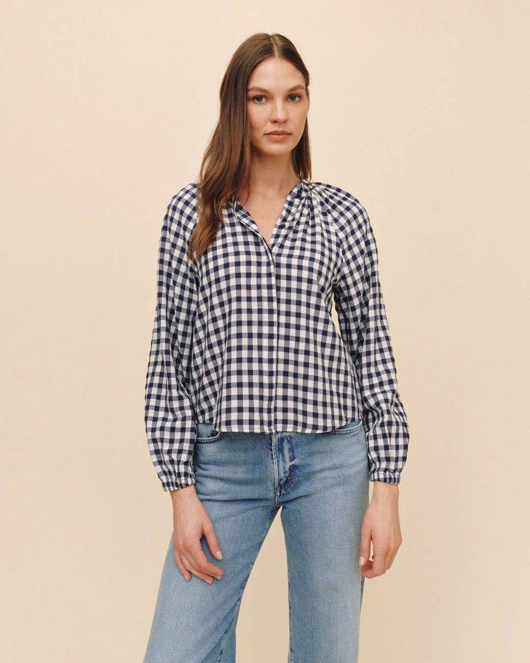 Shirred Raglan Shirt - Navy Gingham