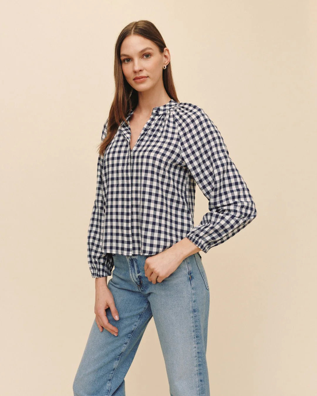 Shirred Raglan Shirt - Navy Gingham