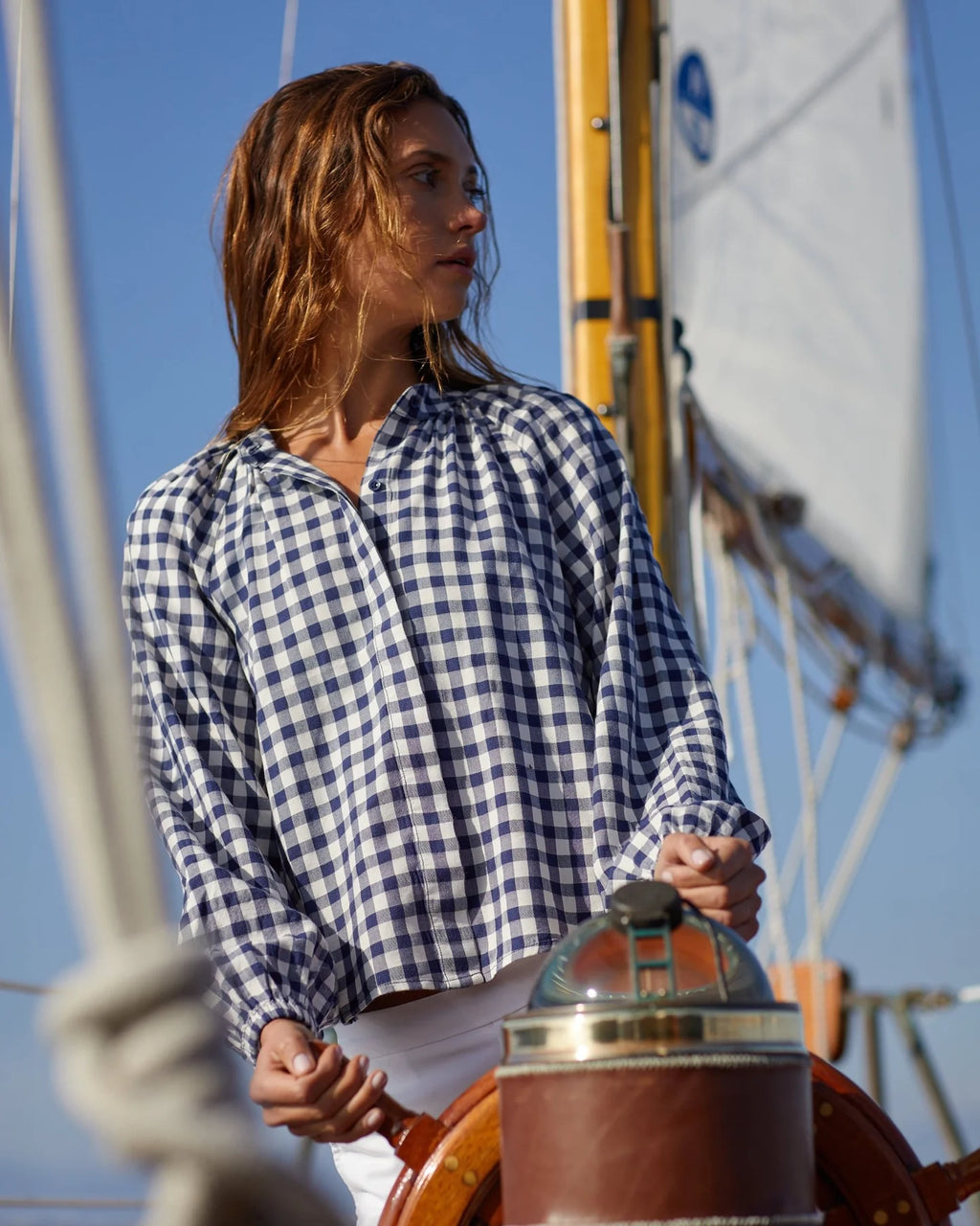 Shirred Raglan Shirt - Navy Gingham
