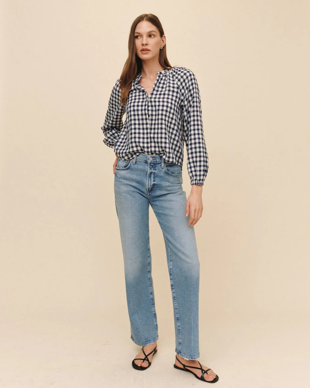 Shirred Raglan Shirt - Navy Gingham