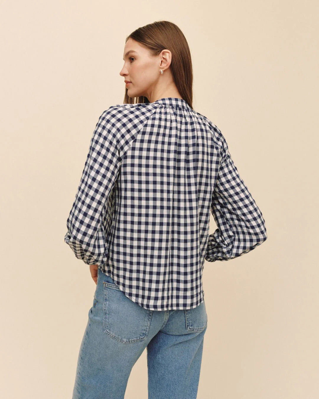 Shirred Raglan Shirt - Navy Gingham