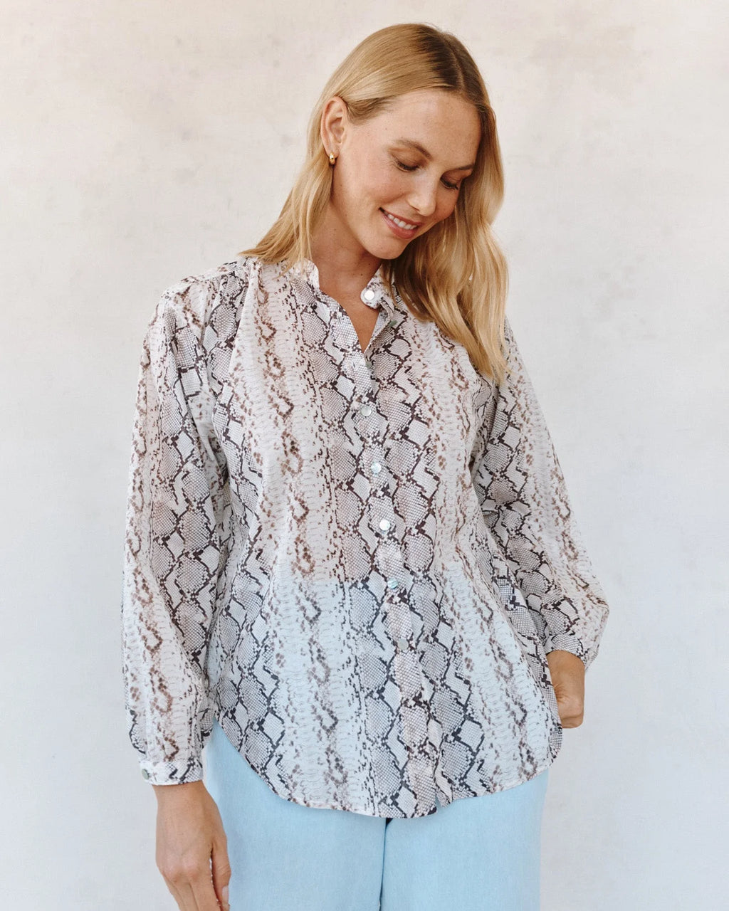 Mandarin Collar Shirt - Blush Snake