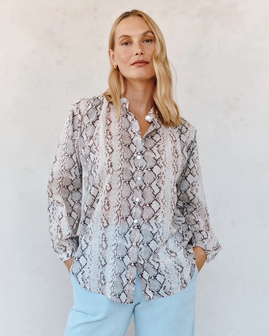 Mandarin Collar Shirt - Blush Snake
