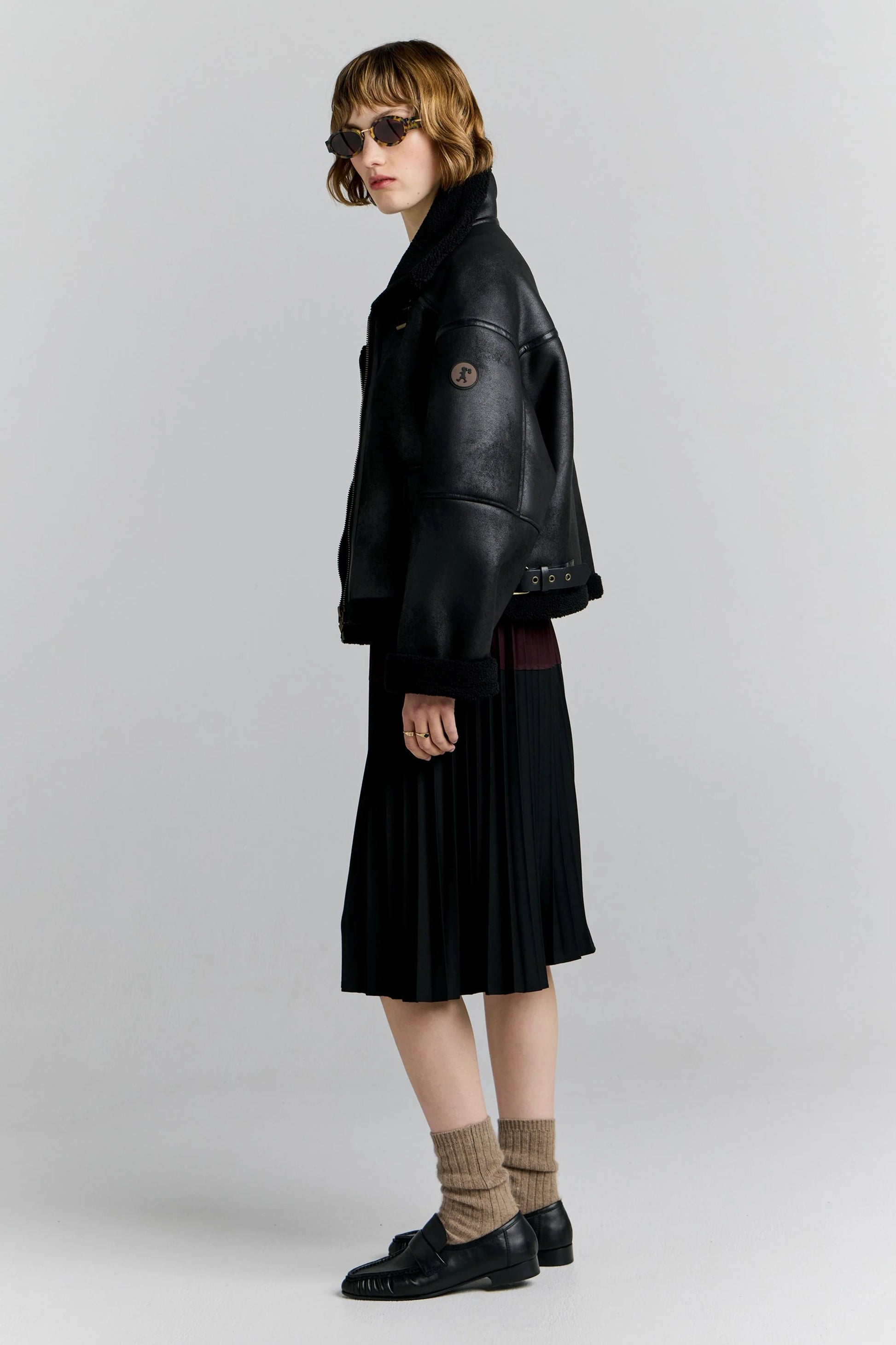 Cropped Aviator Jacket - Black/Brown