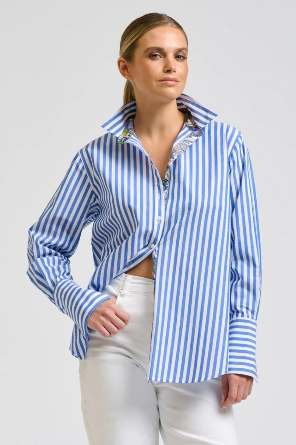 Elodie Trim Silk Shirt - Mid Blue Stripe