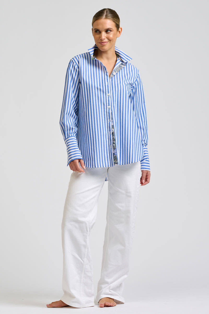 Elodie Trim Silk Shirt - Mid Blue Stripe