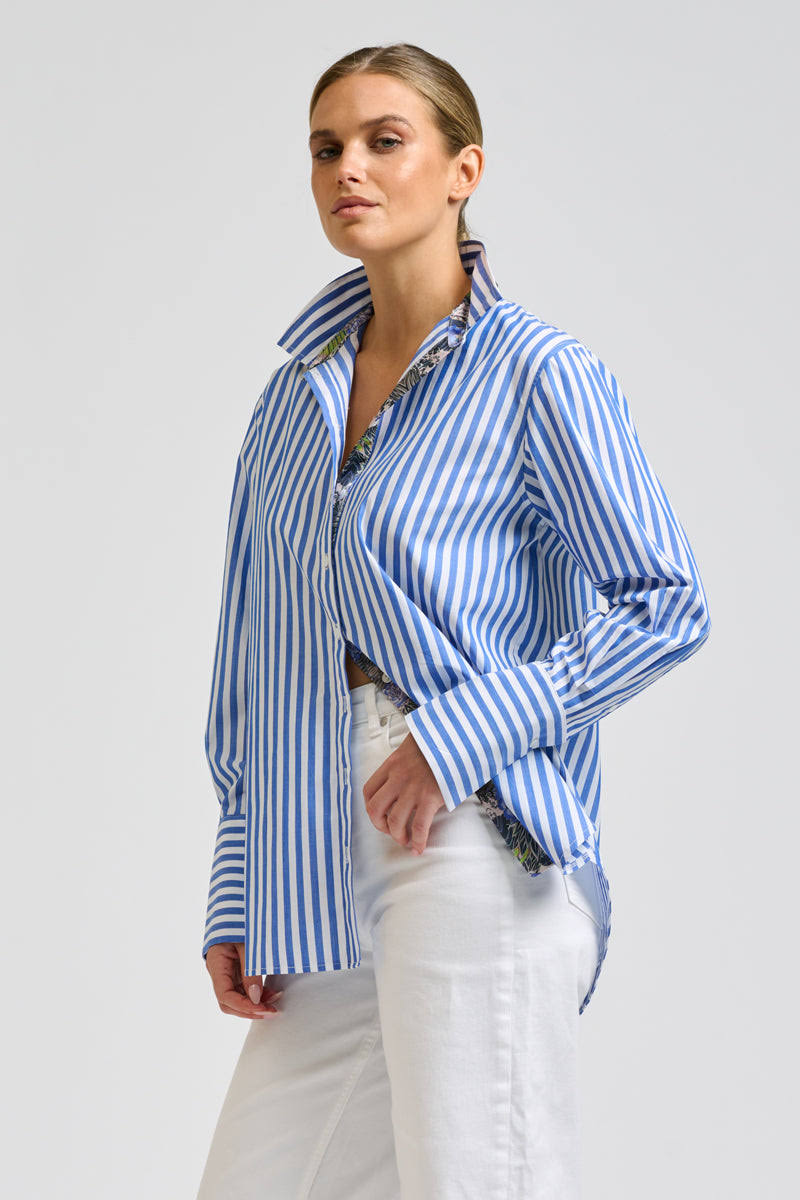 Elodie Trim Silk Shirt - Mid Blue Stripe