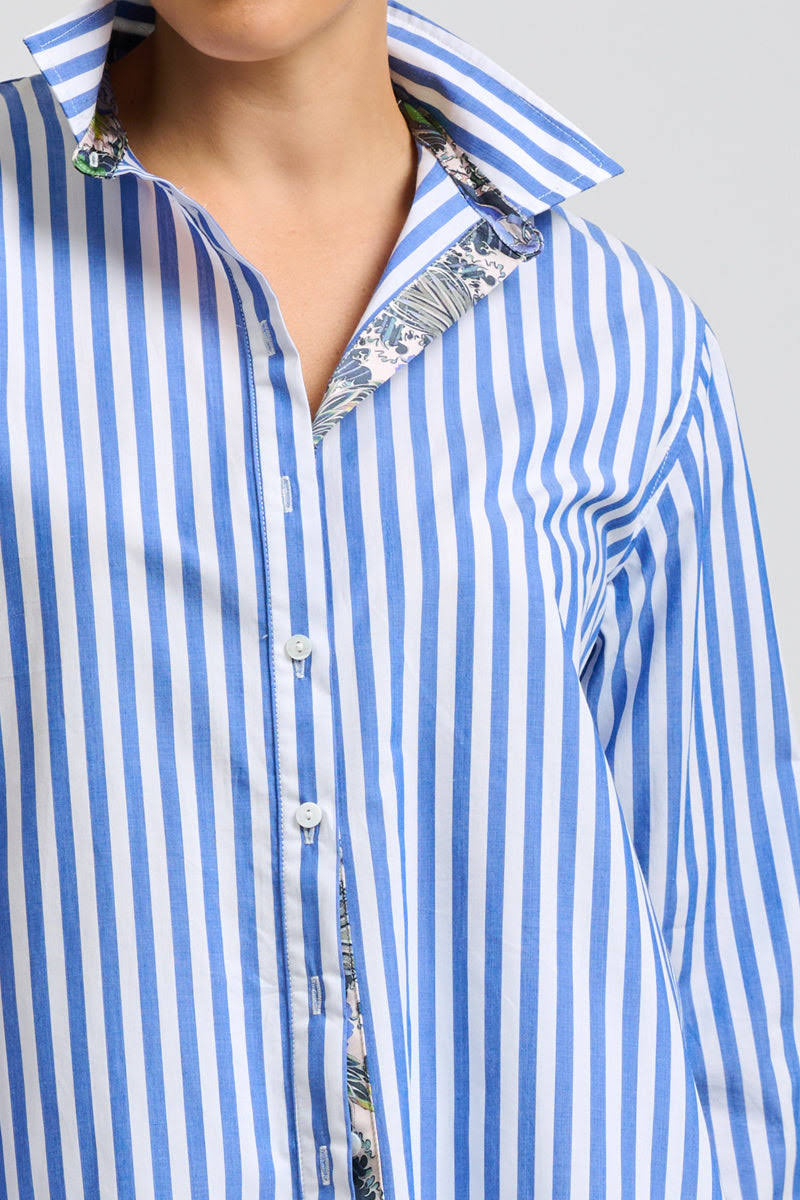 Elodie Trim Silk Shirt - Mid Blue Stripe