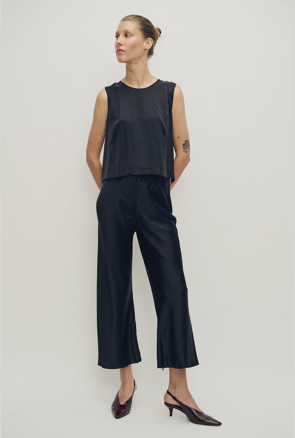 Midi Bias Cut Pants - Black Satin
