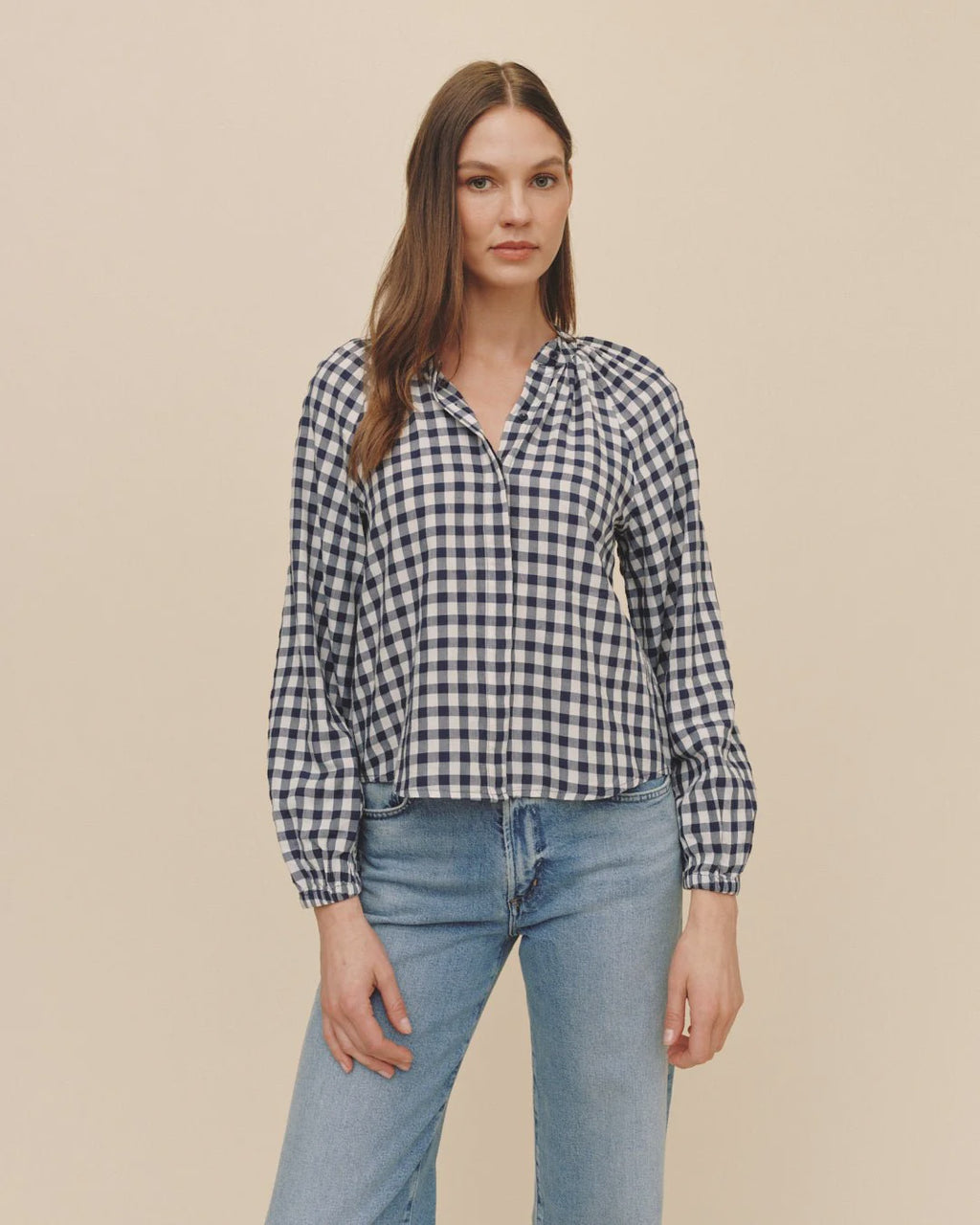 Shirred Raglan Shirt - Navy Gingham
