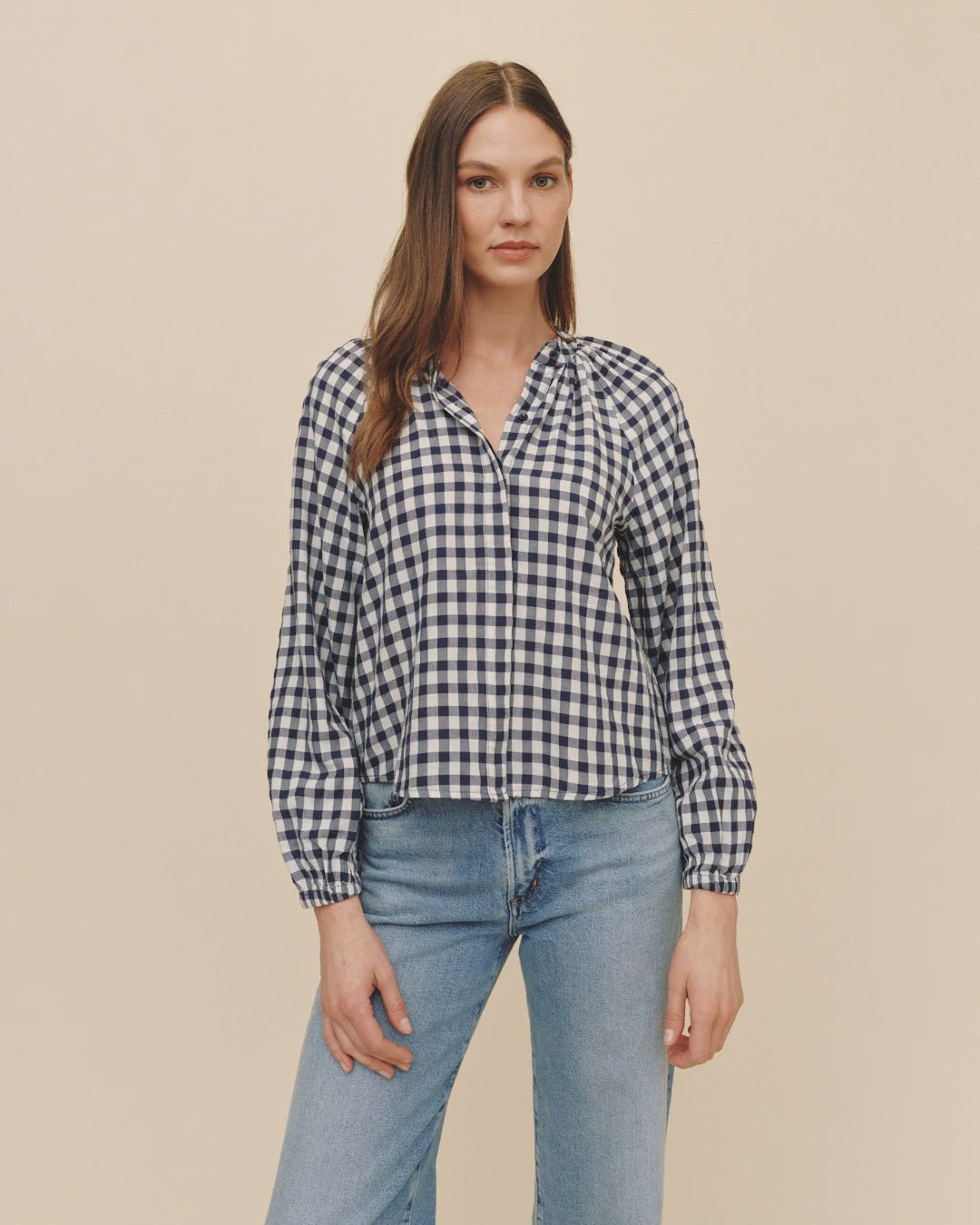 Shirred Raglan Shirt - Navy Gingham