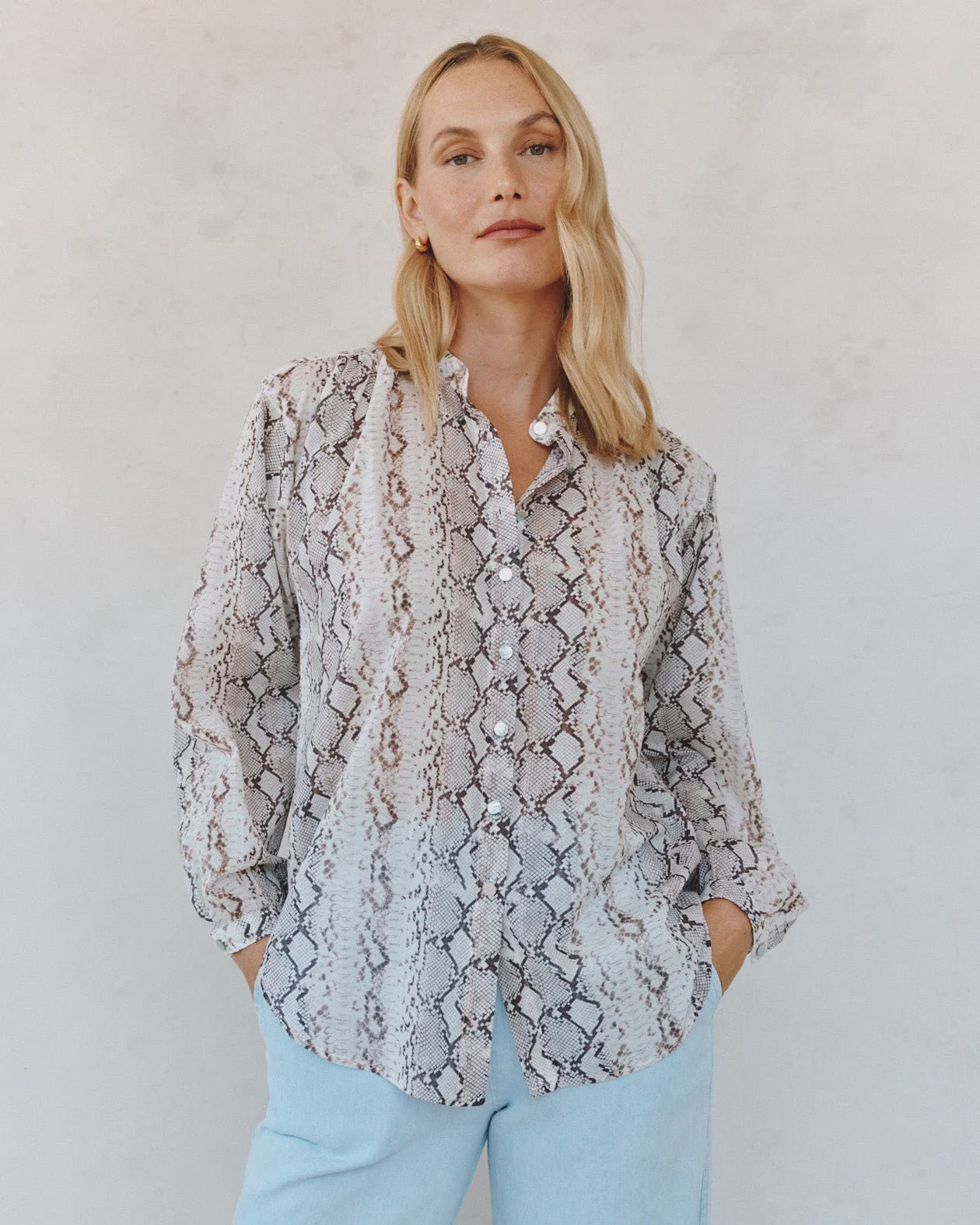 Mandarin Collar Shirt - Blush Snake