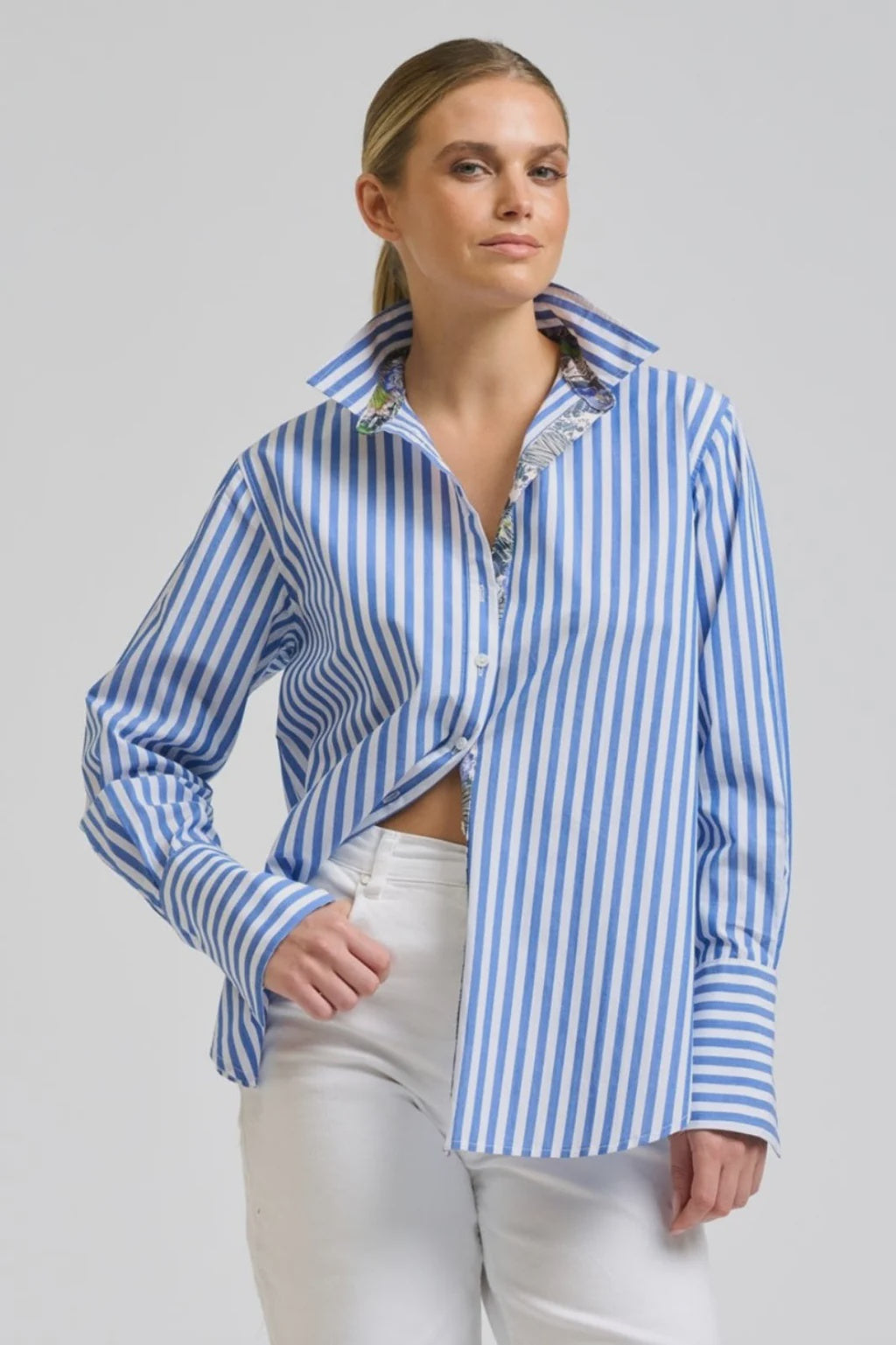 Elodie Trim Silk Shirt - Mid Blue Stripe