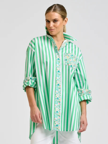 Nessa  Boyfriend Shirt - Green Stripes with Floral Trim