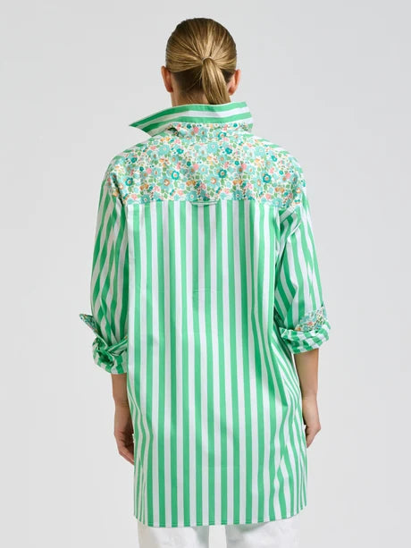 Nessa  Boyfriend Shirt - Green Stripes with Floral Trim