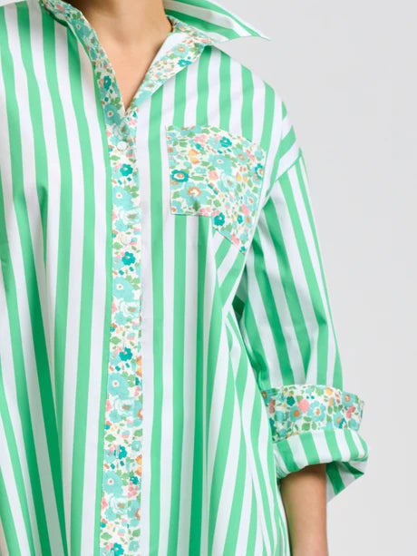 Nessa  Boyfriend Shirt - Green Stripes with Floral Trim