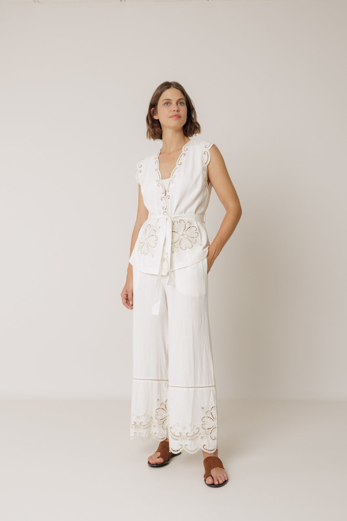 Embroidered Scalloped Hem Pants
