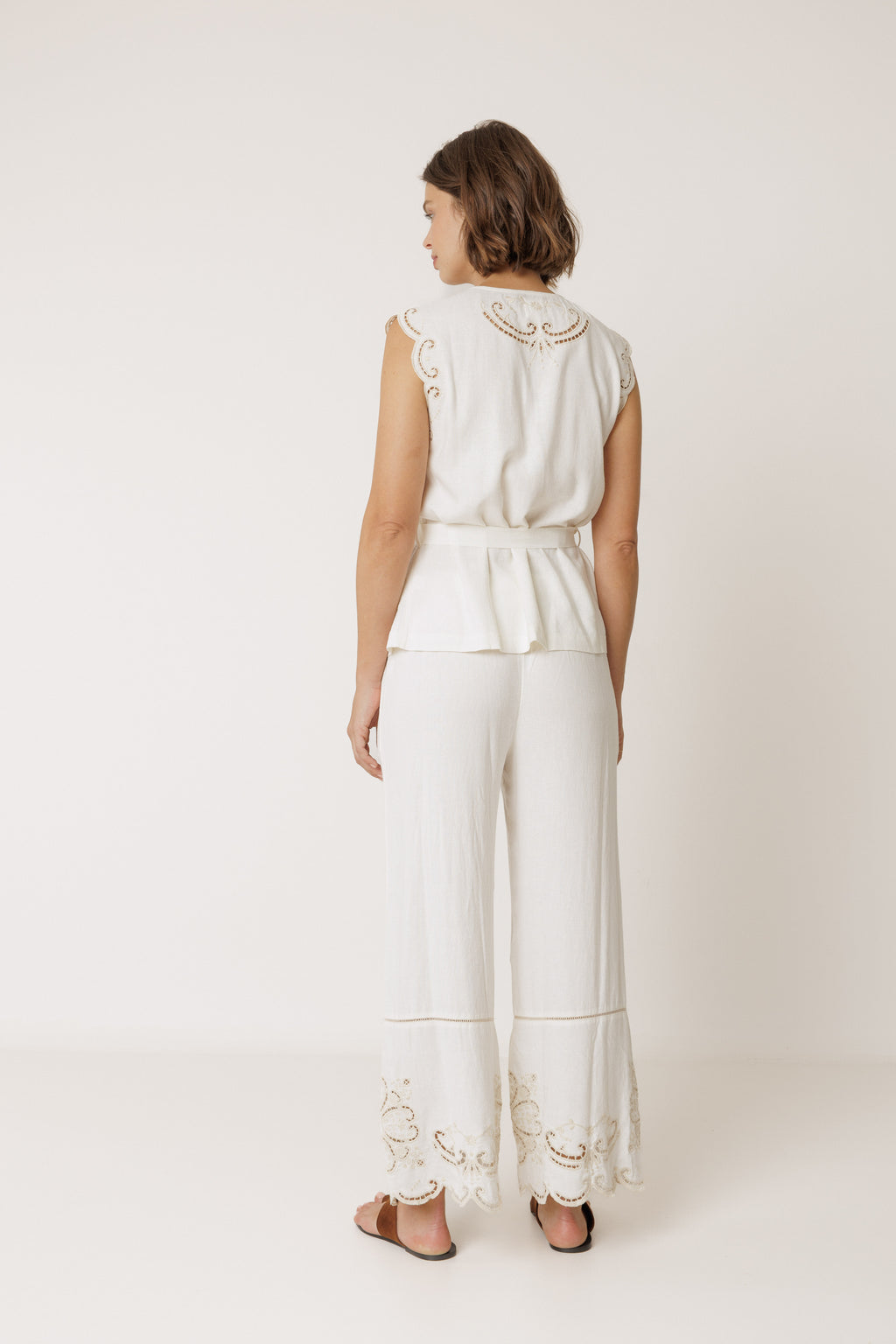 Embroidered Scalloped Hem Pants