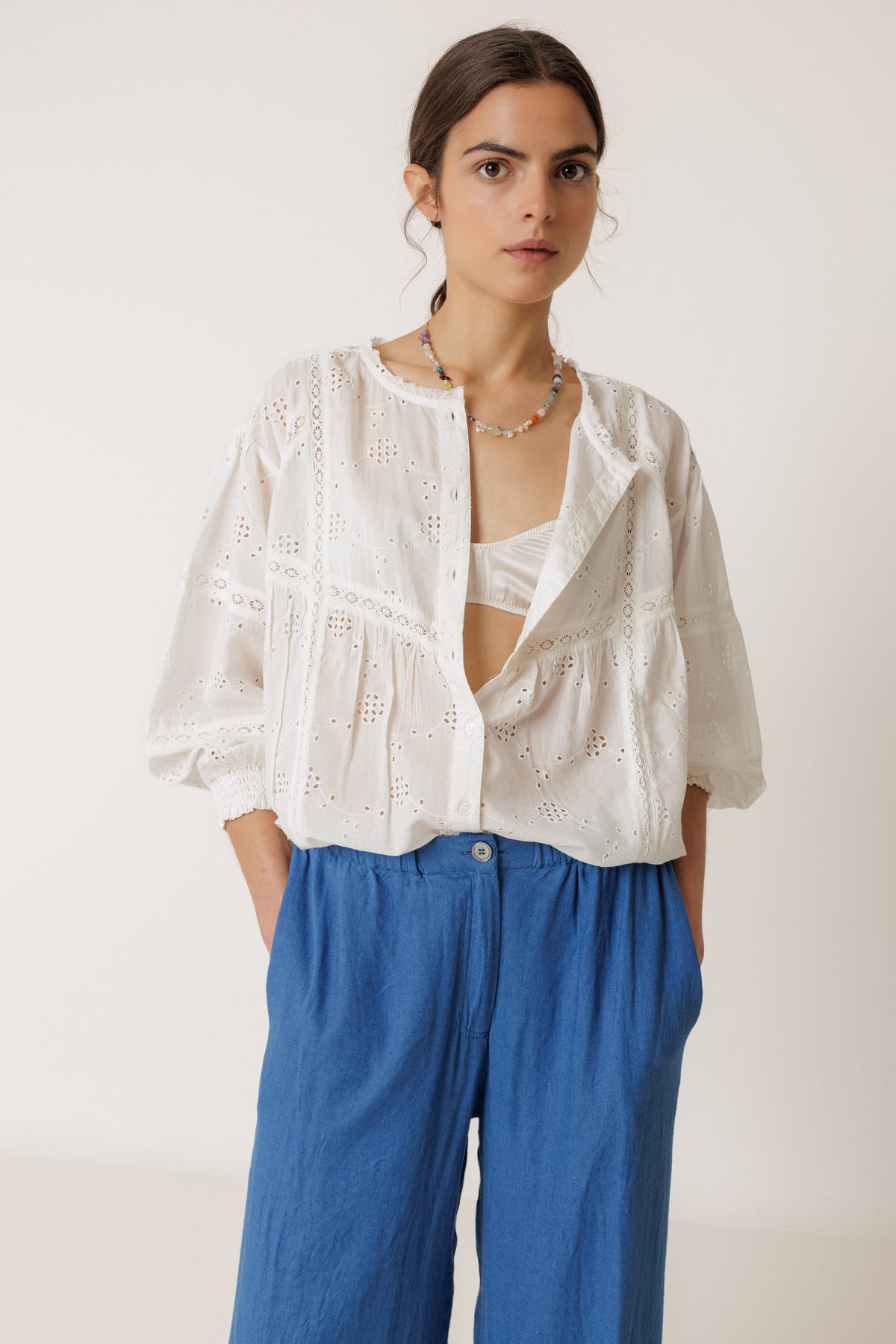 Embroidered Scalloped Hem Pants