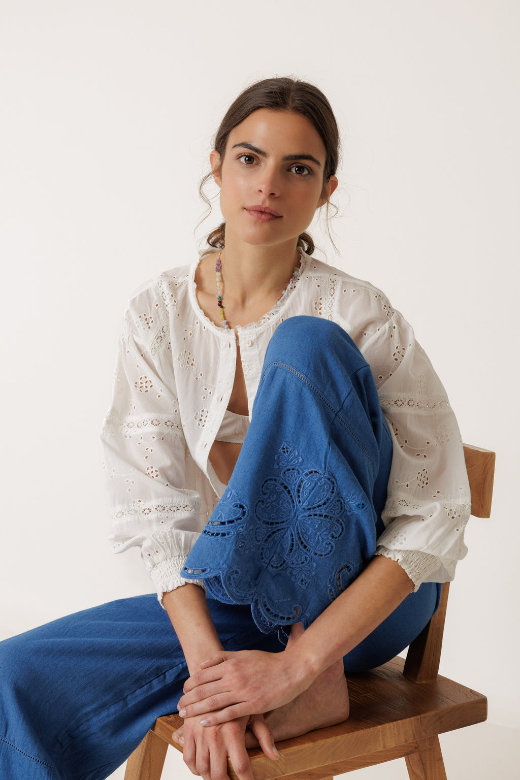 Embroidered Scalloped Hem Pants