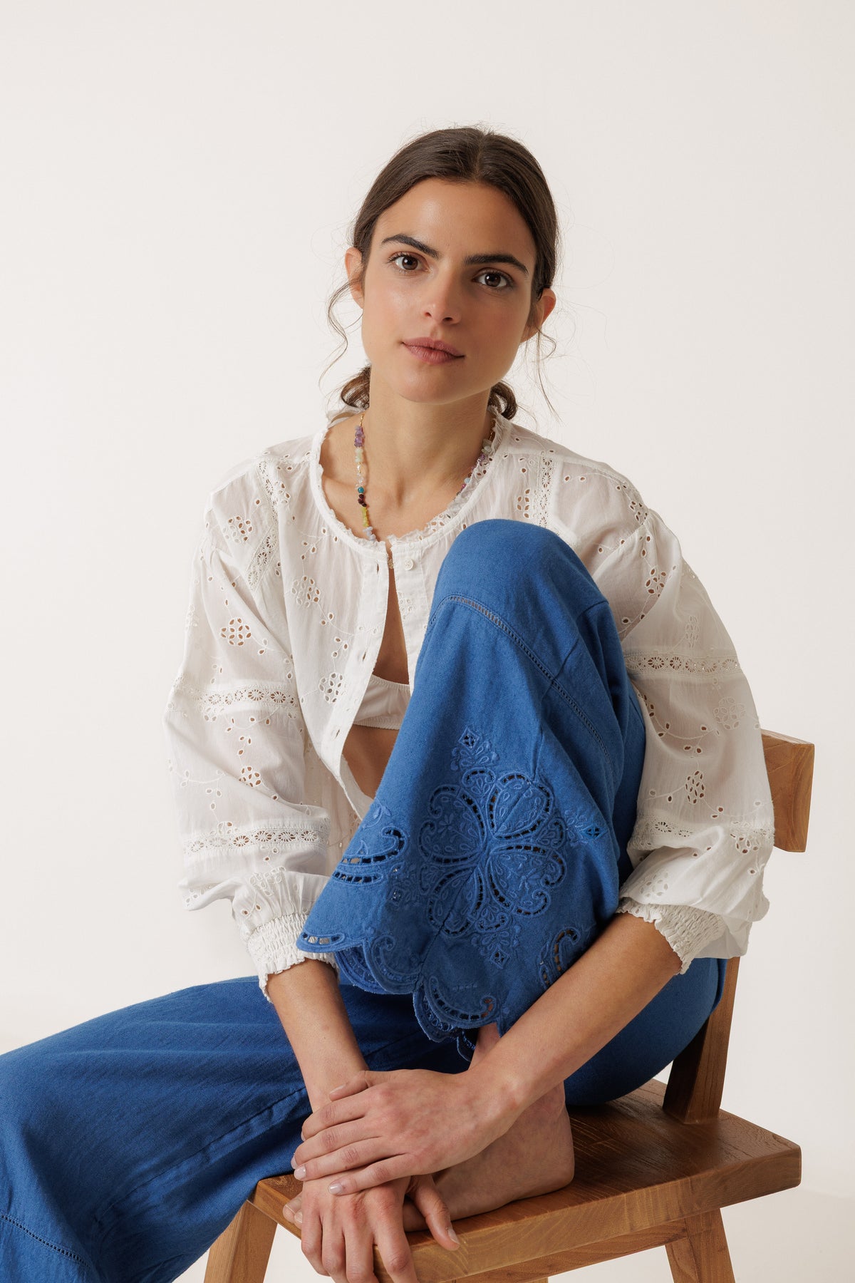 Embroidered Scalloped Hem Pants