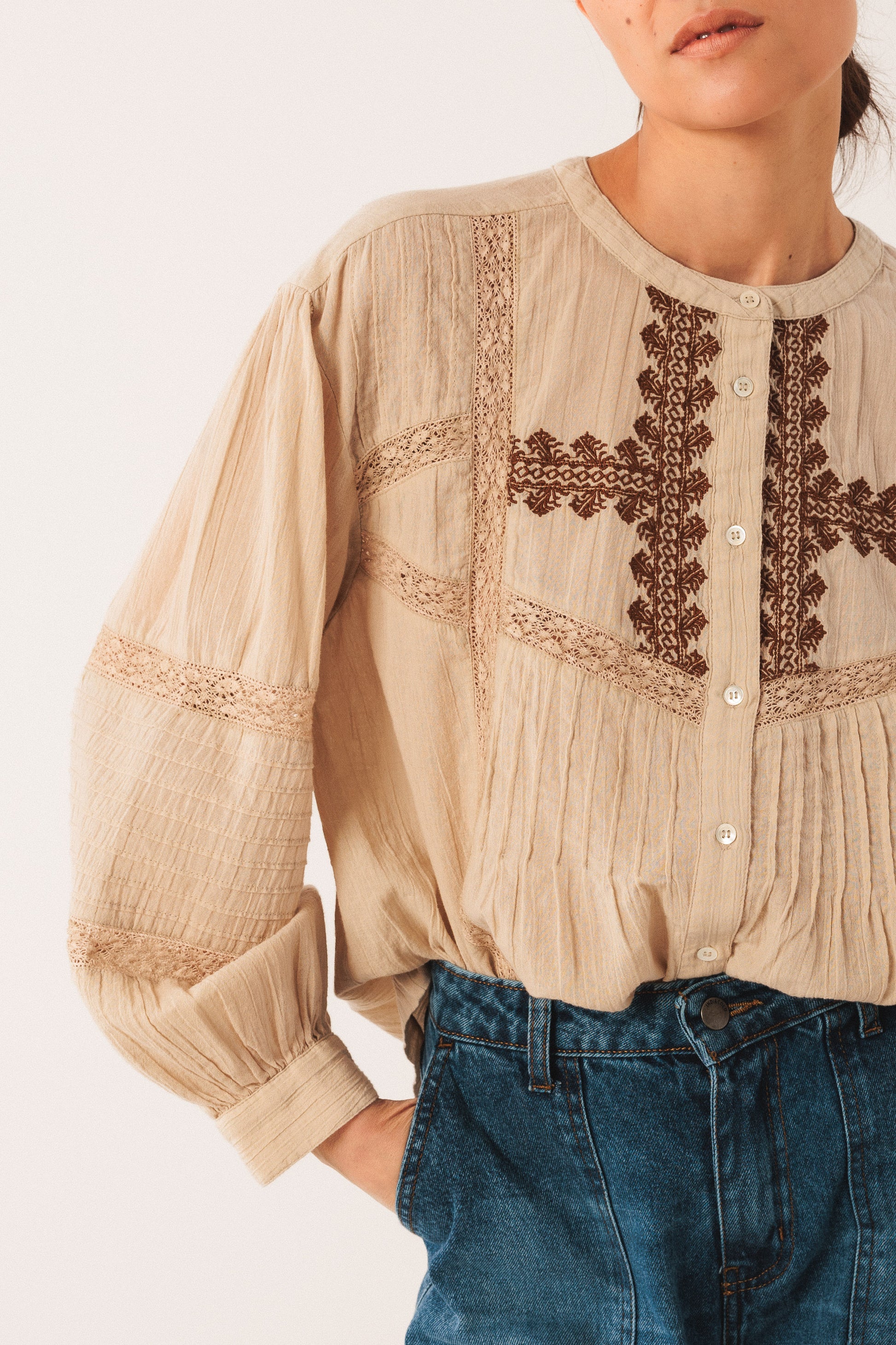 Embroidered  Lace Button up Blouse
