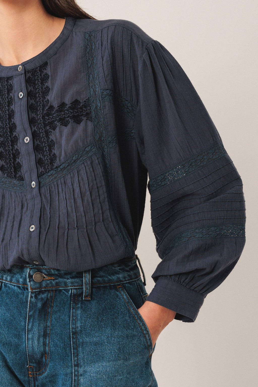 Embroidered  Lace Button up Blouse