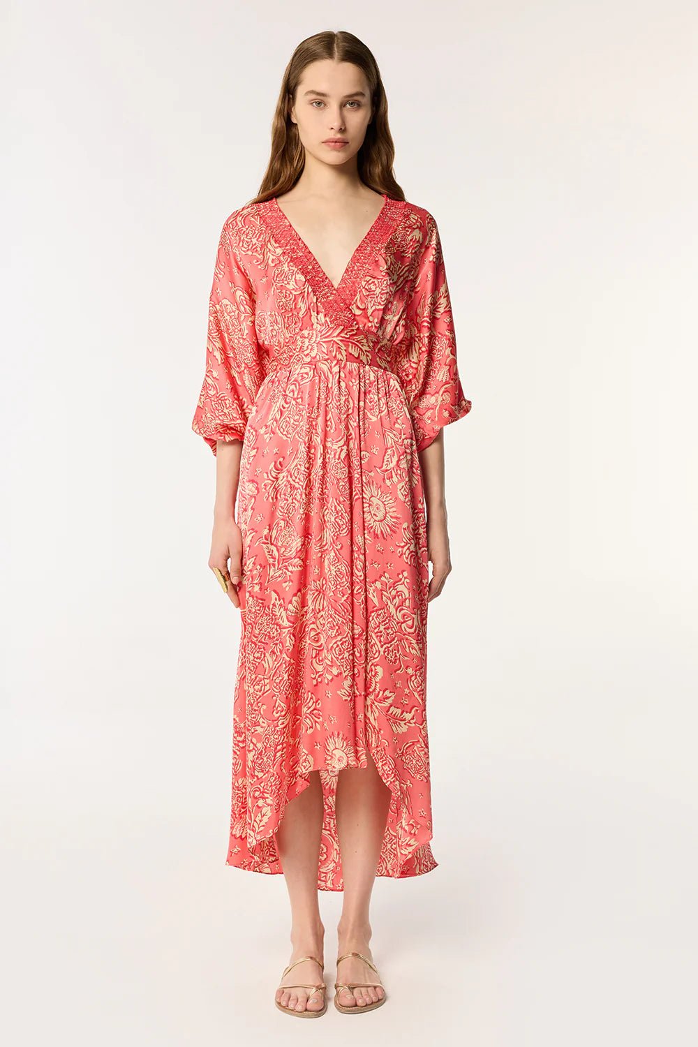 Long Dress Celie - Pink Oriental Foulard