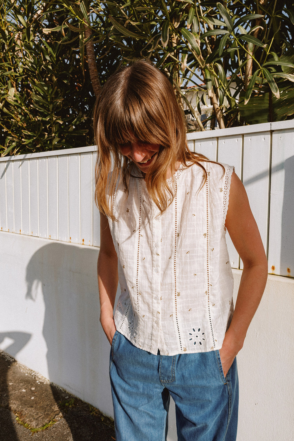 Sleeveless Cotton Dobby  Blouse