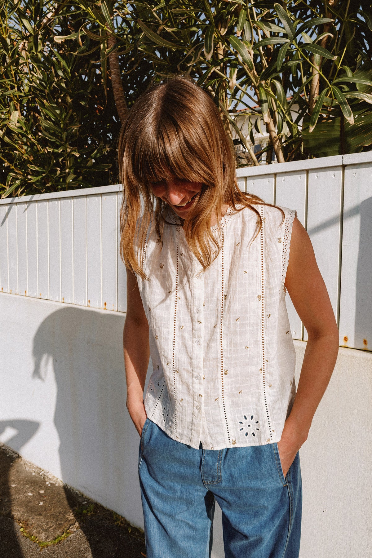 Sleeveless Cotton Dobby  Blouse