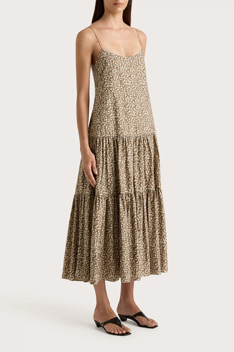 Neada Midi Dress - Micro leaves Walnut