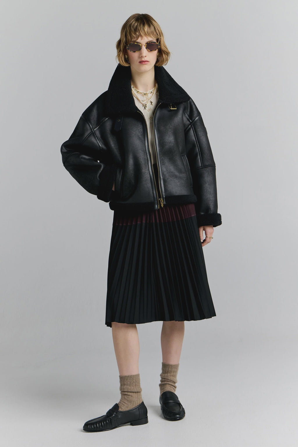 Cropped Aviator Jacket - Black/Brown