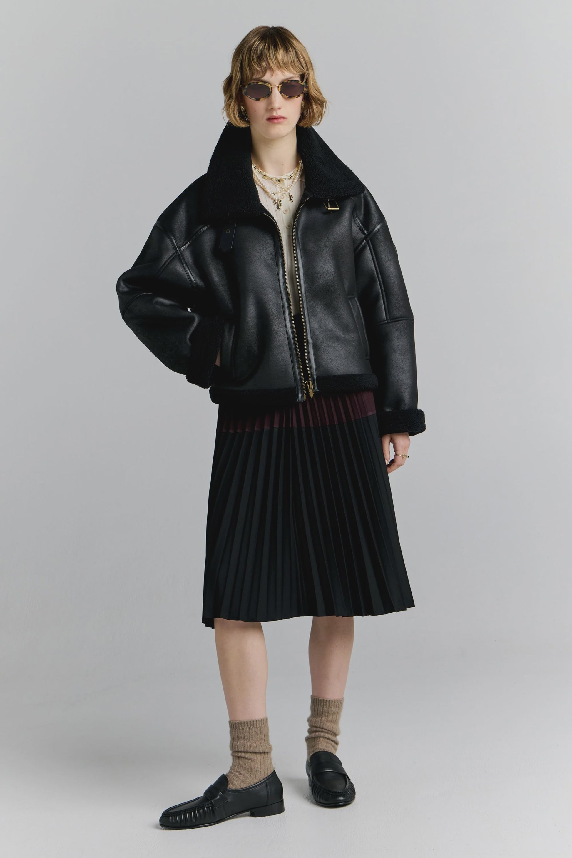 Cropped Aviator Jacket - Black/Brown